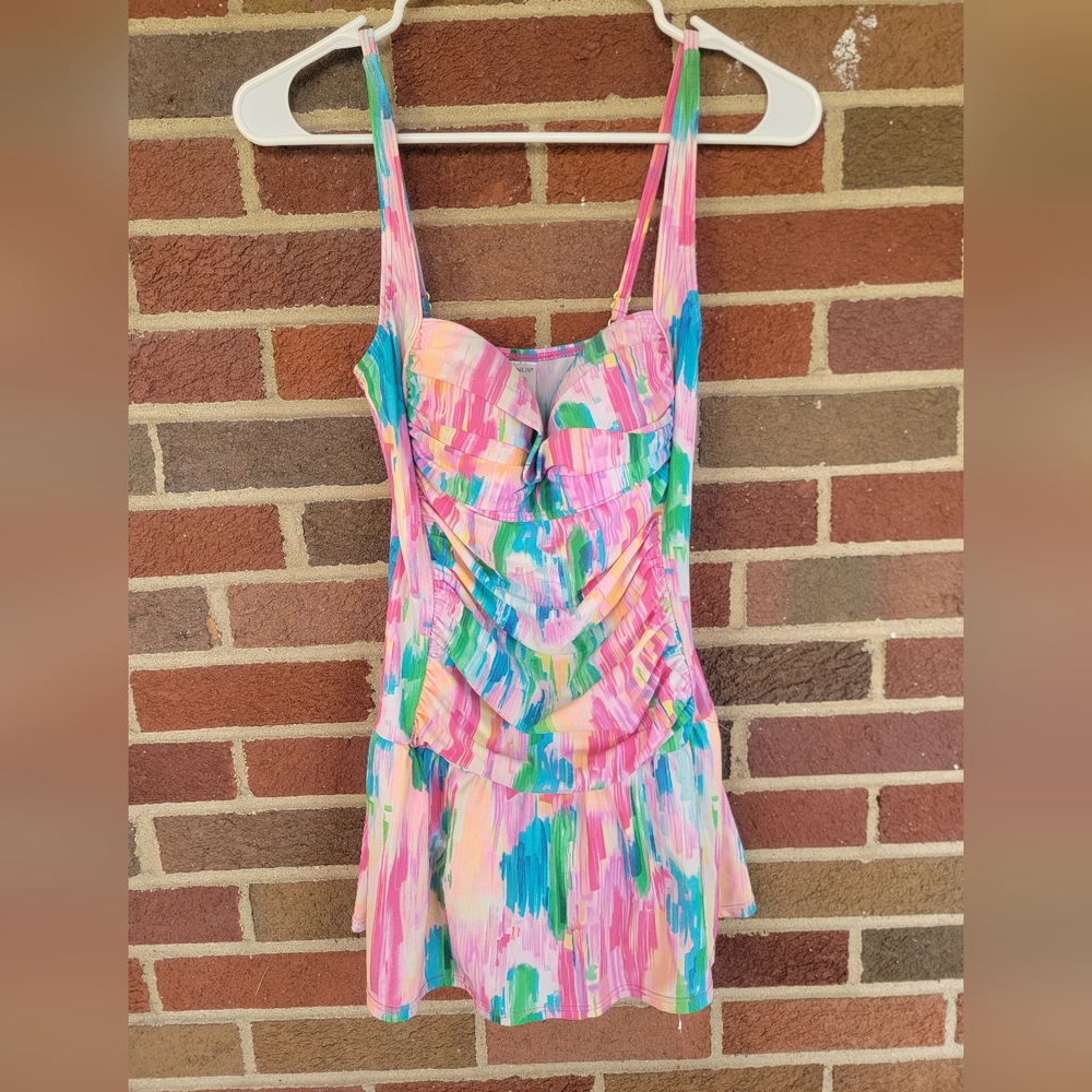Venus Skirted Runched Colorful Abstract Swim Dress
